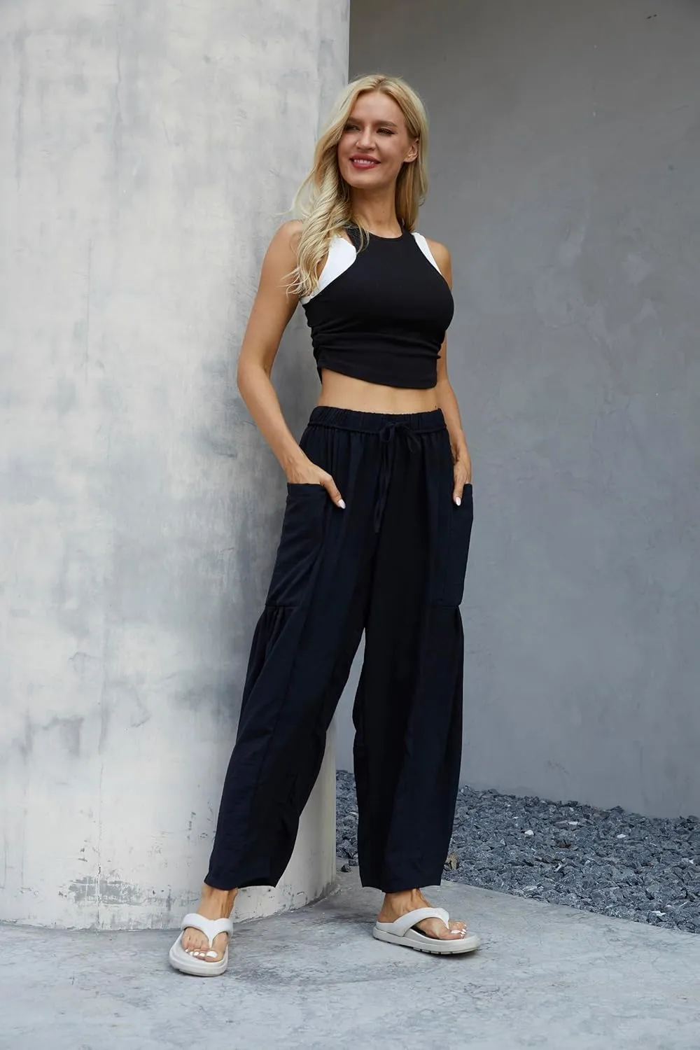 Honwenle Women's Wide Leg Pants Loose Drawstring Palazzo Pants Summer Casual Flowy Beach Trousers with Cargo Pockets