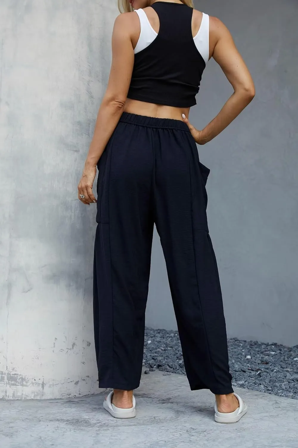 Honwenle Women's Wide Leg Pants Loose Drawstring Palazzo Pants Summer Casual Flowy Beach Trousers with Cargo Pockets