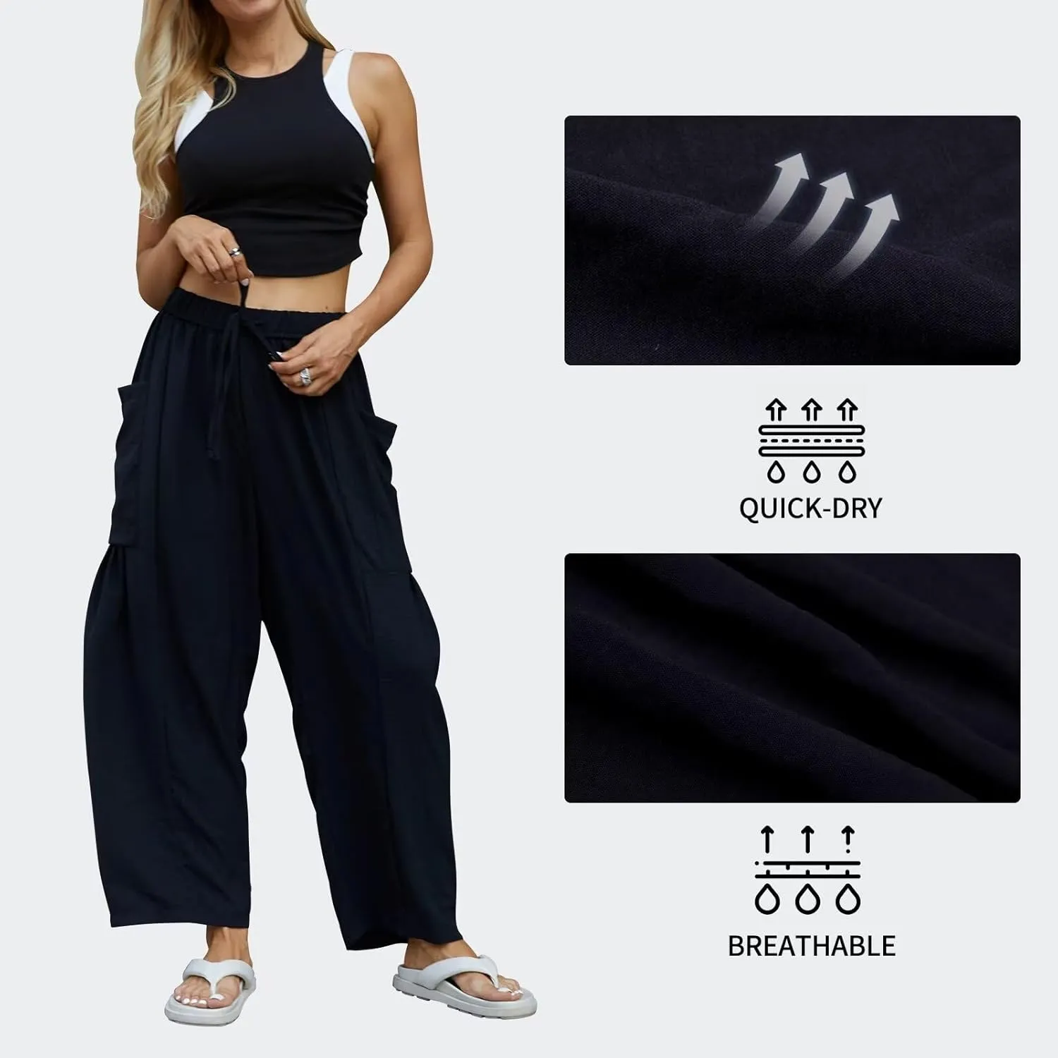 Honwenle Women's Wide Leg Pants Loose Drawstring Palazzo Pants Summer Casual Flowy Beach Trousers with Cargo Pockets