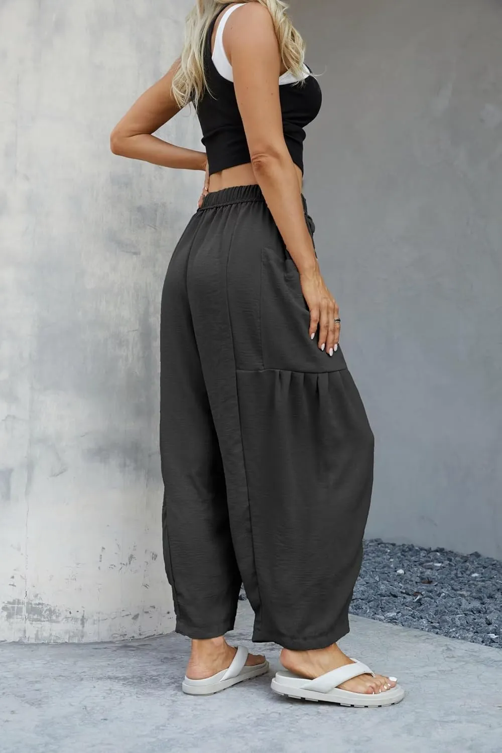 Honwenle Women's Wide Leg Pants Loose Drawstring Palazzo Pants Summer Casual Flowy Beach Trousers with Cargo Pockets