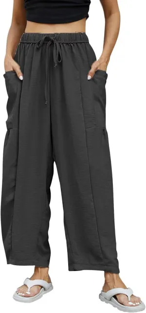 Honwenle Women's Wide Leg Pants Loose Drawstring Palazzo Pants Summer Casual Flowy Beach Trousers with Cargo Pockets