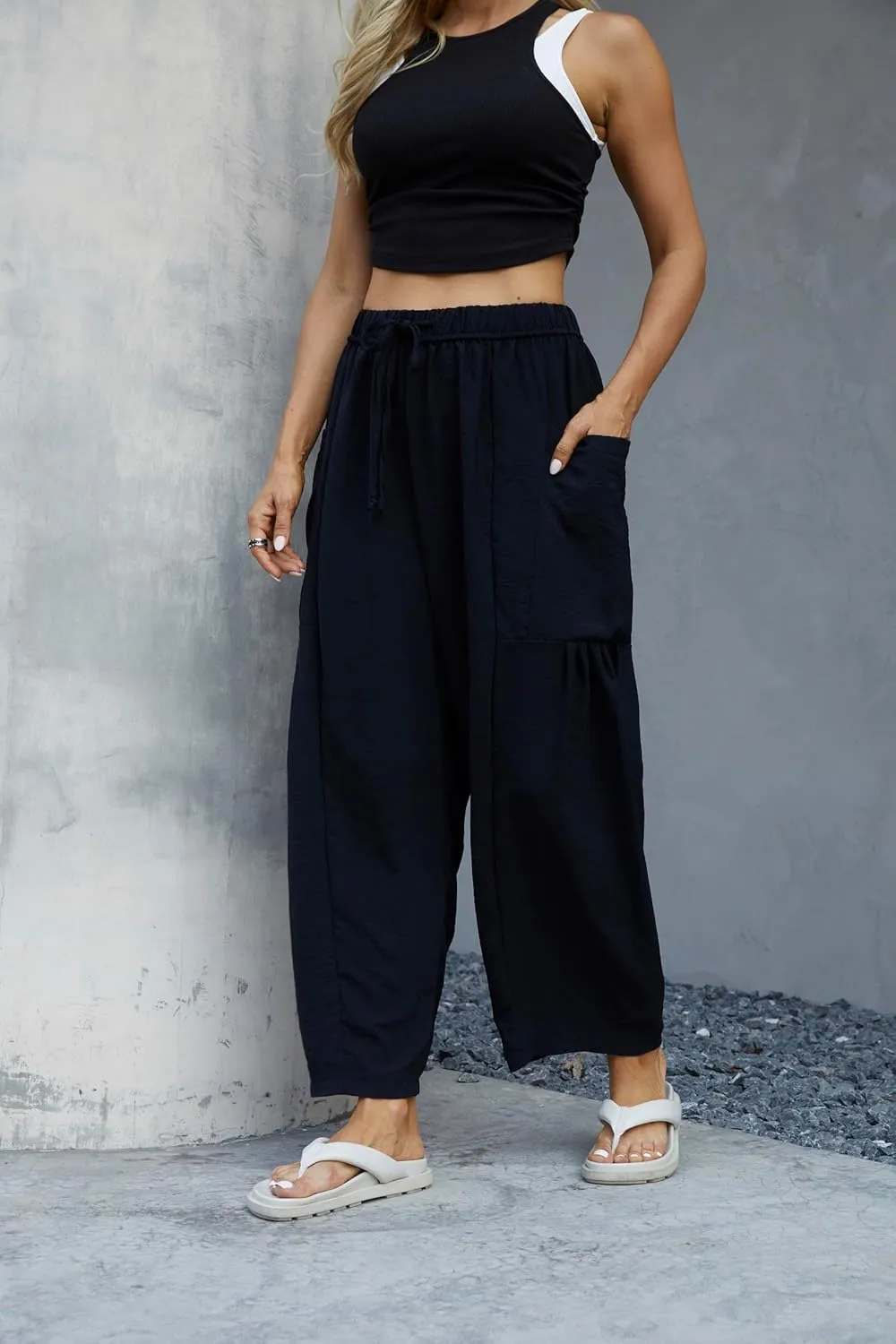 Honwenle Women's Wide Leg Pants Loose Drawstring Palazzo Pants Summer Casual Flowy Beach Trousers with Cargo Pockets