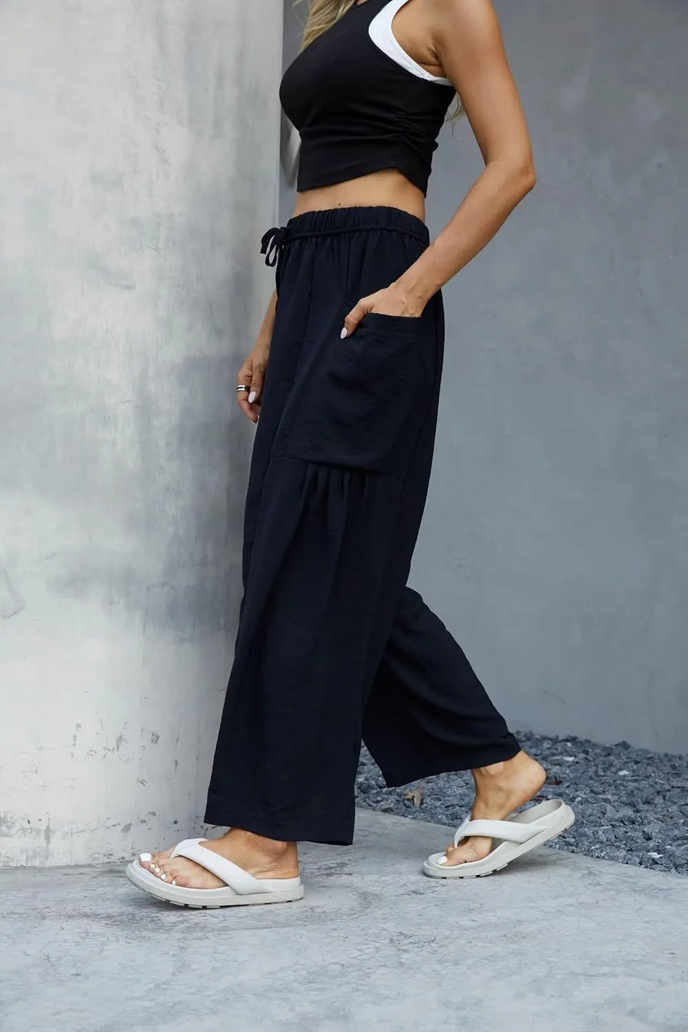 Honwenle Women's Wide Leg Pants Loose Drawstring Palazzo Pants Summer Casual Flowy Beach Trousers with Cargo Pockets