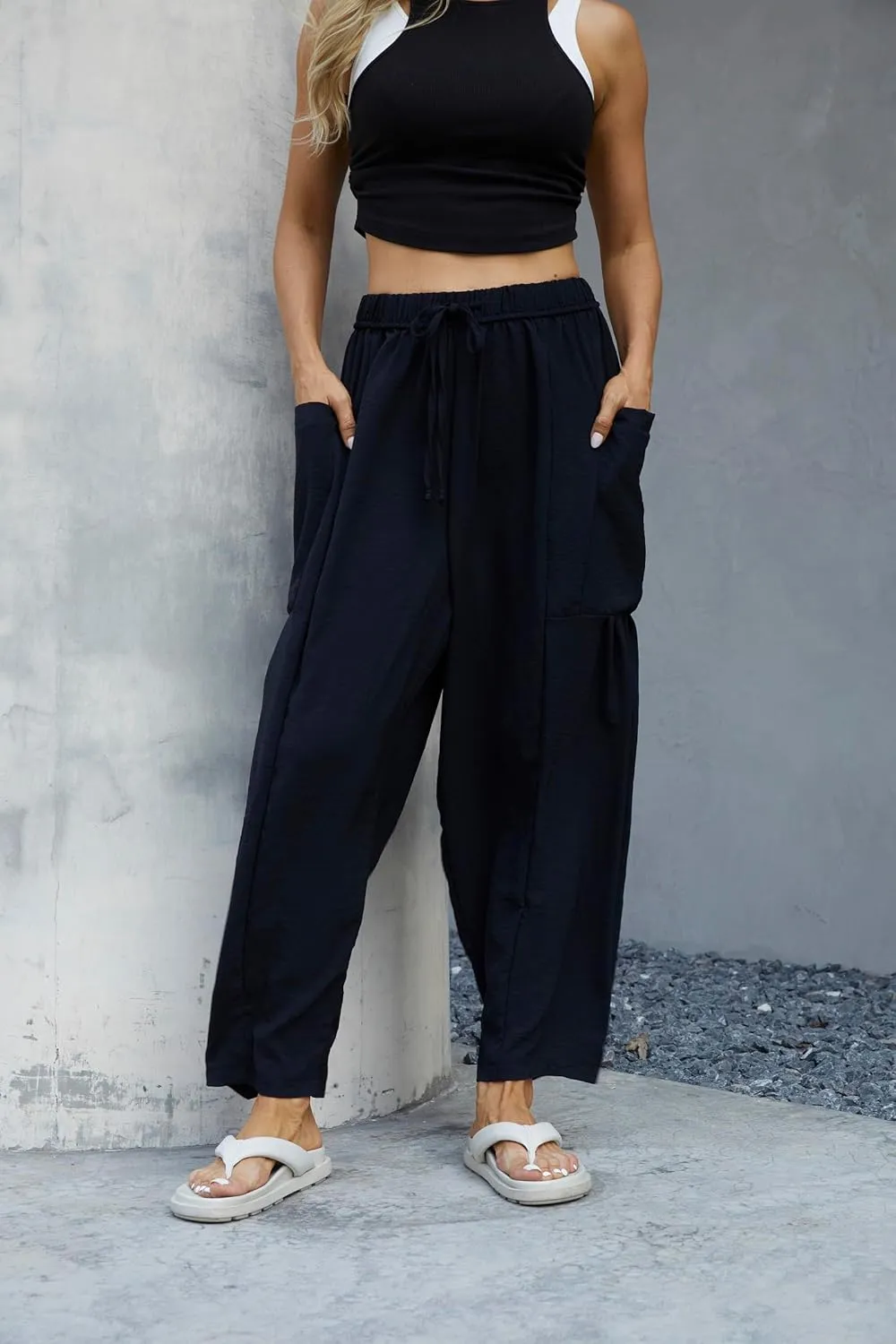 Honwenle Women's Wide Leg Pants Loose Drawstring Palazzo Pants Summer Casual Flowy Beach Trousers with Cargo Pockets