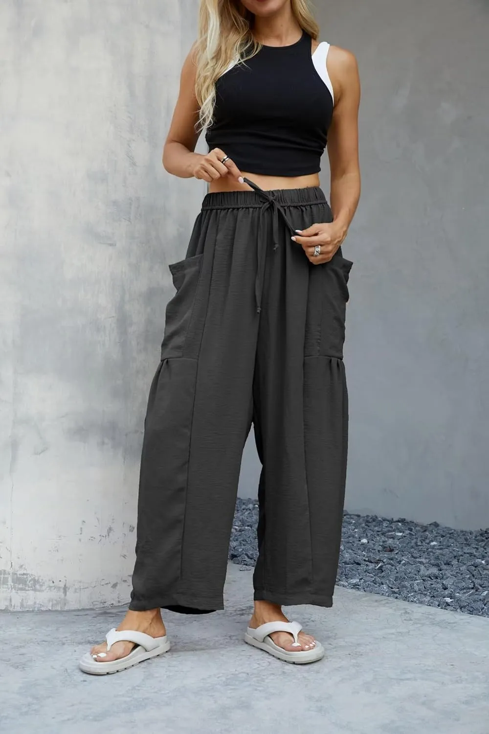 Honwenle Women's Wide Leg Pants Loose Drawstring Palazzo Pants Summer Casual Flowy Beach Trousers with Cargo Pockets