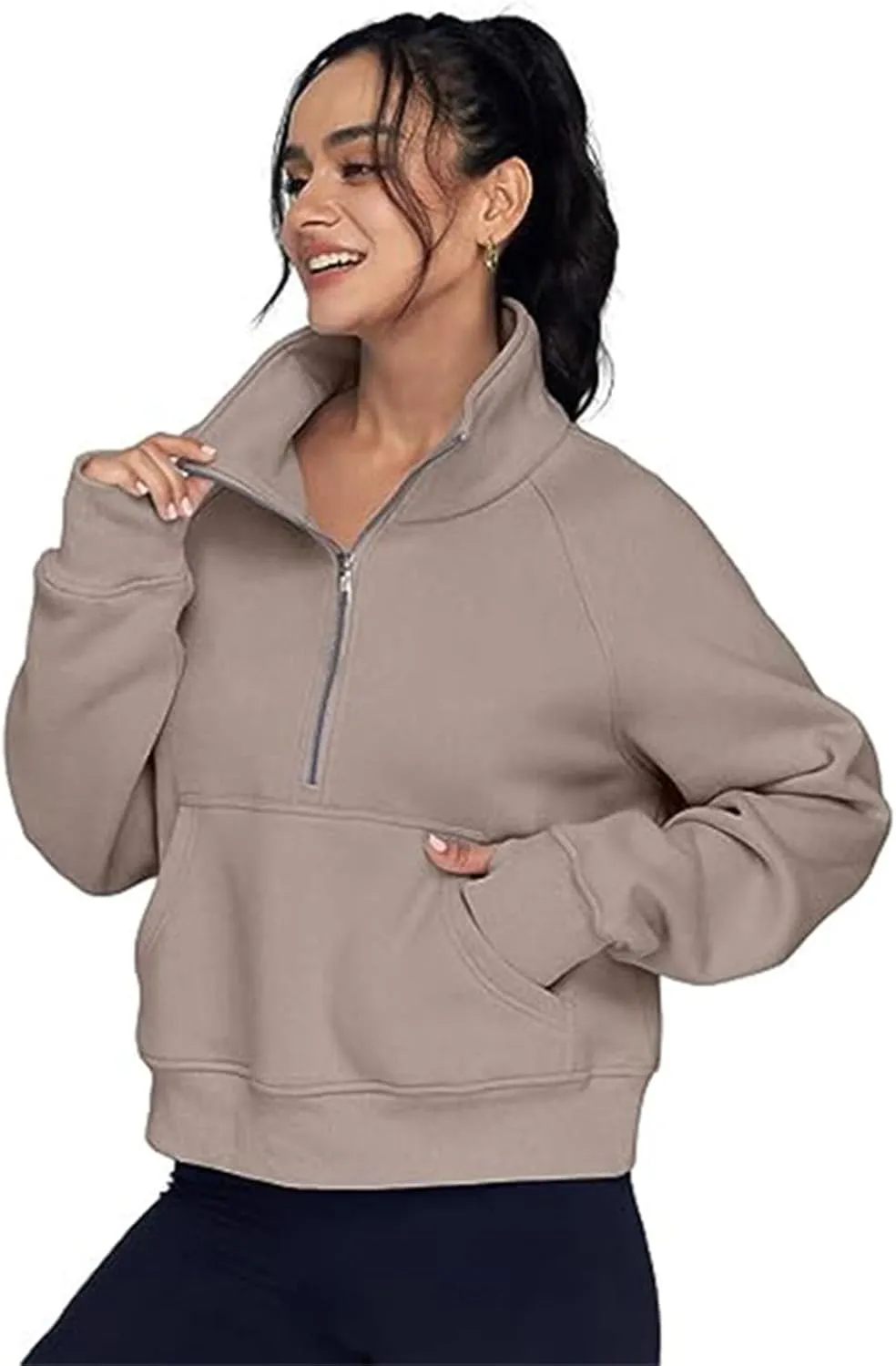 Hooded Sweatshirt Women Half Zip Oversized Sweatshirts Fleece Long Sleeve Solid Color Pullover