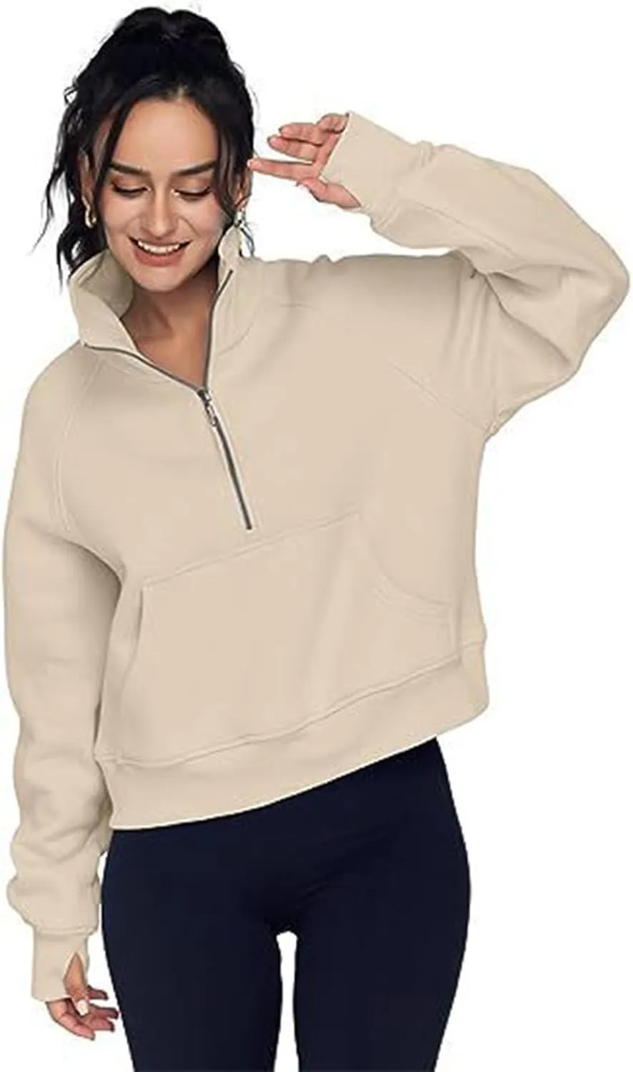 Hooded Sweatshirt Women Half Zip Oversized Sweatshirts Fleece Long Sleeve Solid Color Pullover