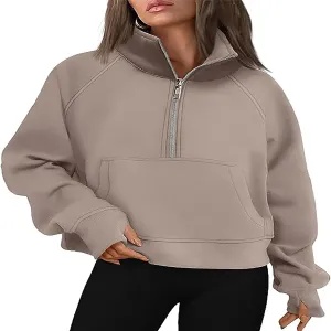 Hooded Sweatshirt Women Half Zip Oversized Sweatshirts Fleece Long Sleeve Solid Color Pullover