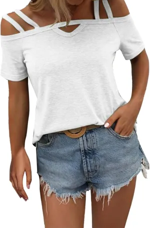 Hoodies for Women,Solid Color Short Sleeve Double Suspenders One Neck Top Casual Off Shoulder T Shirt Women Shirts