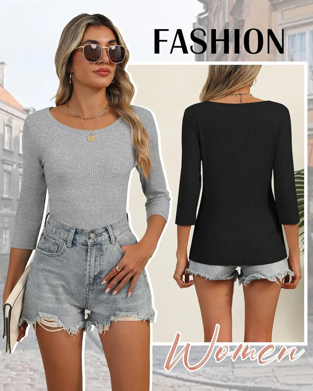 Huukeay 3 Pack Women's Ribbed 3/4 Sleeve Shirts, Scoop Neck Slim Fit Tops Summer Stretchy Casual Base Layer Basic Tee Blouses