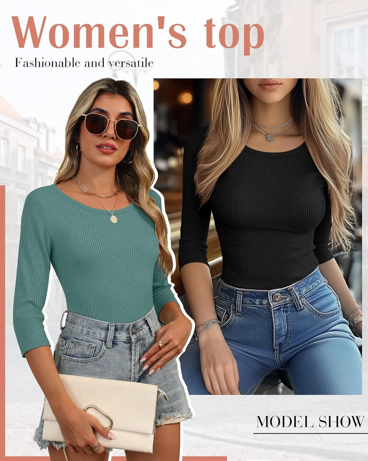 Huukeay 3 Pack Women's Ribbed 3/4 Sleeve Shirts, Scoop Neck Slim Fit Tops Summer Stretchy Casual Base Layer Basic Tee Blouses
