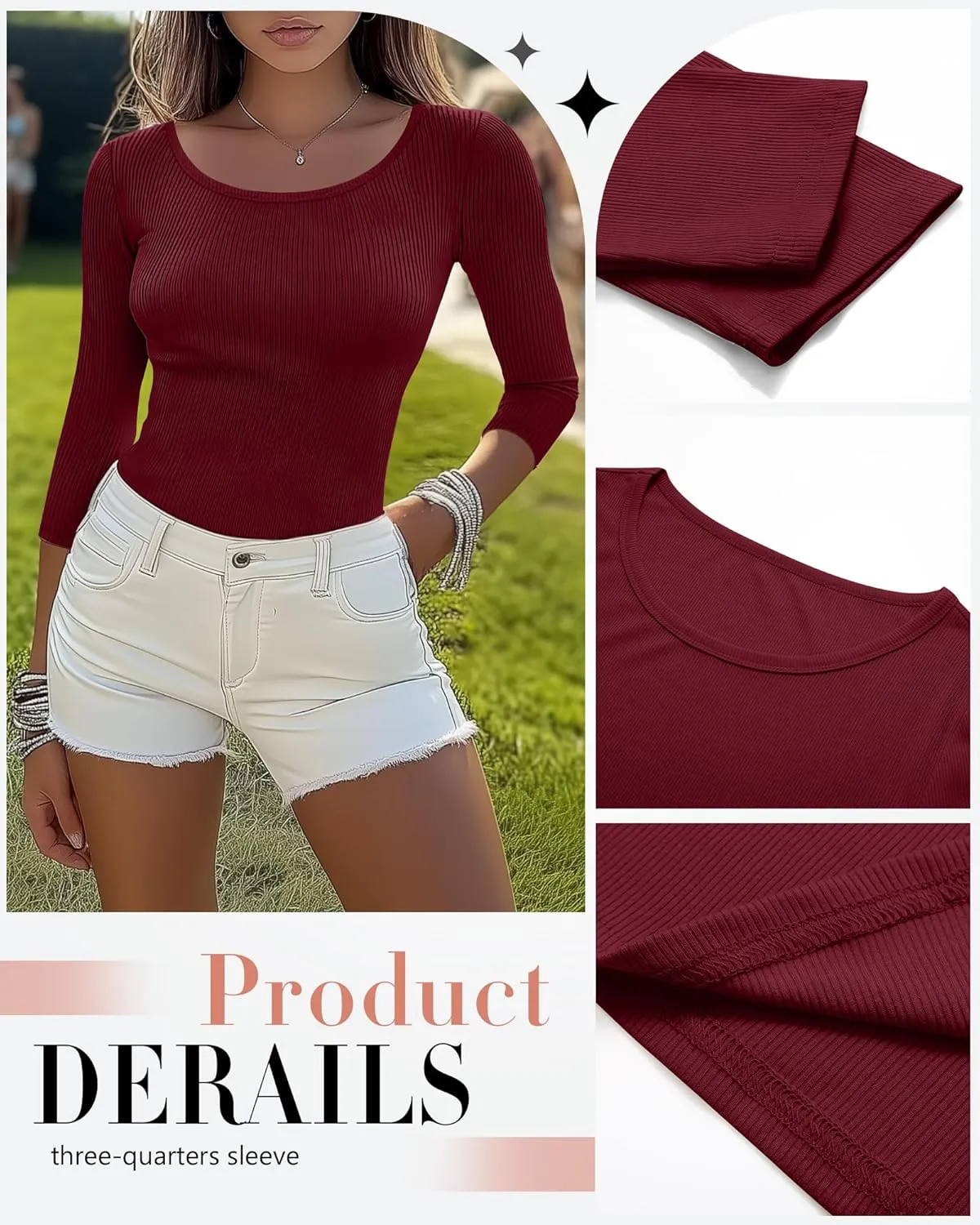 Huukeay 3 Pack Women's Ribbed 3/4 Sleeve Shirts, Scoop Neck Slim Fit Tops Summer Stretchy Casual Base Layer Basic Tee Blouses
