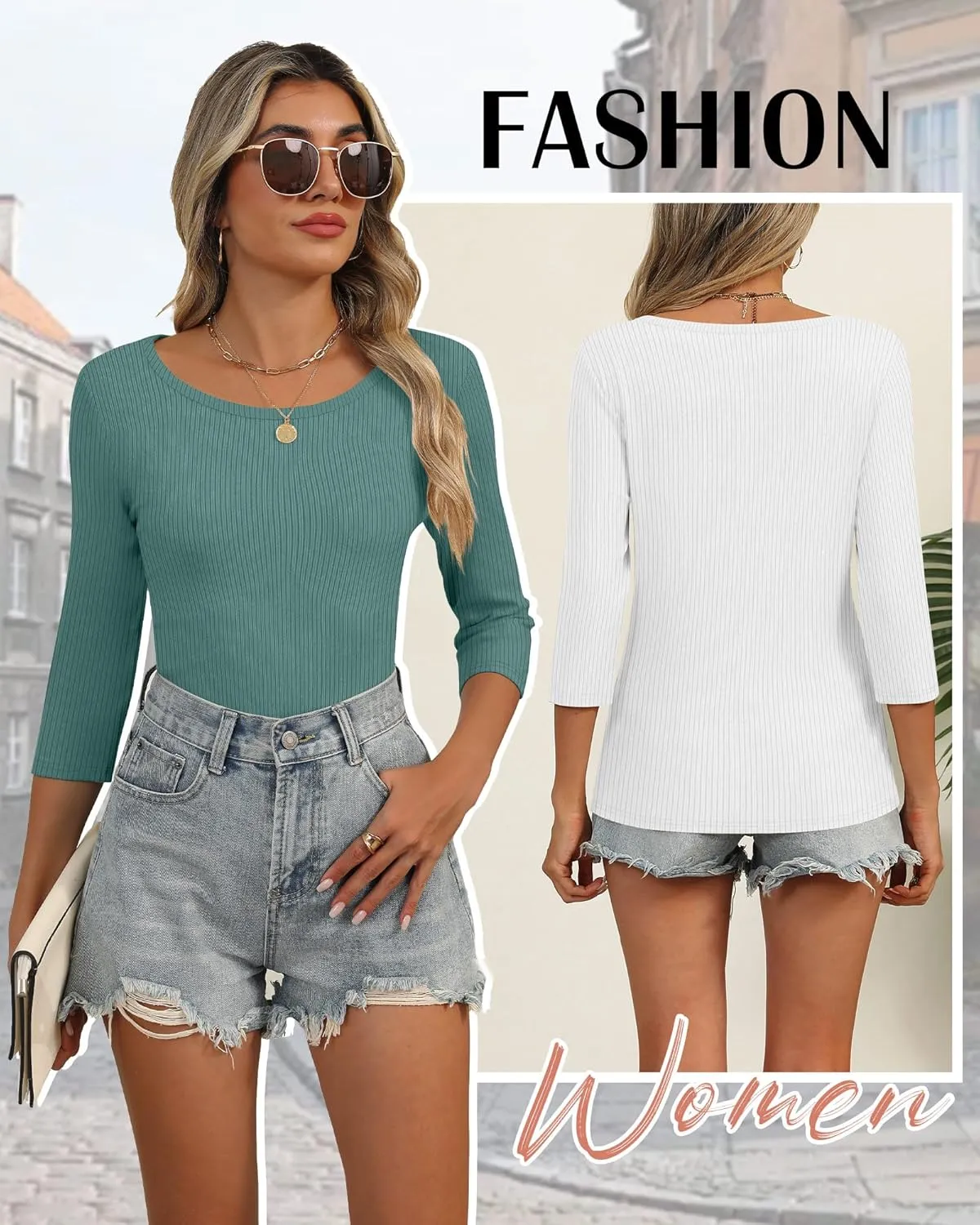 Huukeay 3 Pack Women's Ribbed 3/4 Sleeve Shirts, Scoop Neck Slim Fit Tops Summer Stretchy Casual Base Layer Basic Tee Blouses