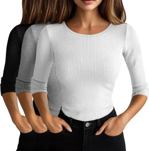 Huukeay 3 Pack Women's Ribbed 3/4 Sleeve Shirts, Scoop Neck Slim Fit Tops Summer Stretchy Casual Base Layer Basic Tee Blouses