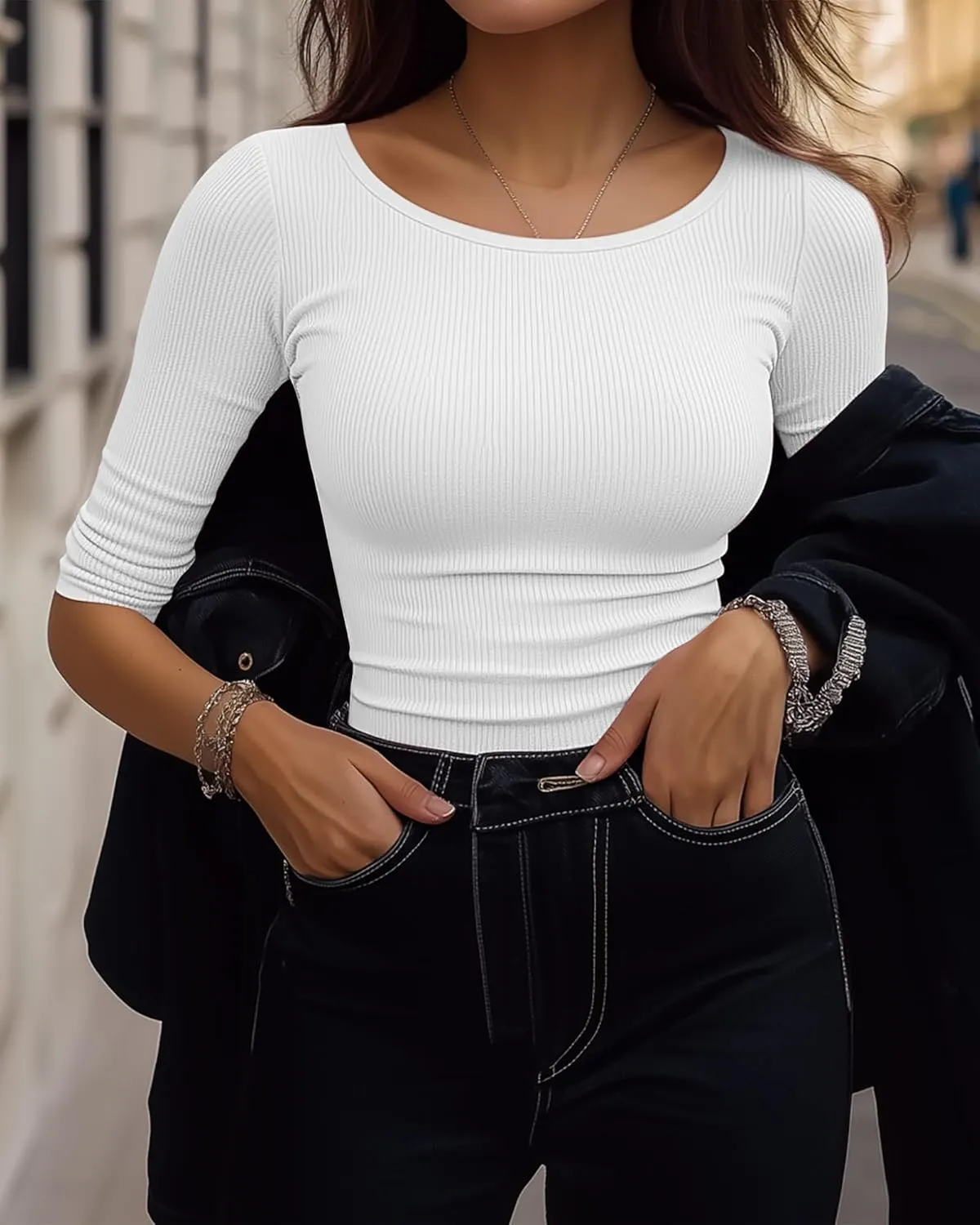 Huukeay 3 Pack Women's Ribbed 3/4 Sleeve Shirts, Scoop Neck Slim Fit Tops Summer Stretchy Casual Base Layer Basic Tee Blouses