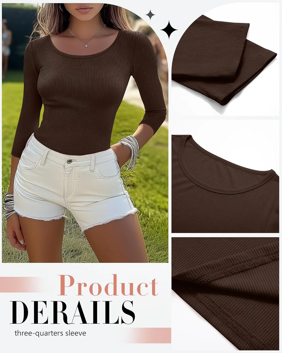 Huukeay 3 Pack Women's Ribbed 3/4 Sleeve Shirts, Scoop Neck Slim Fit Tops Summer Stretchy Casual Base Layer Basic Tee Blouses