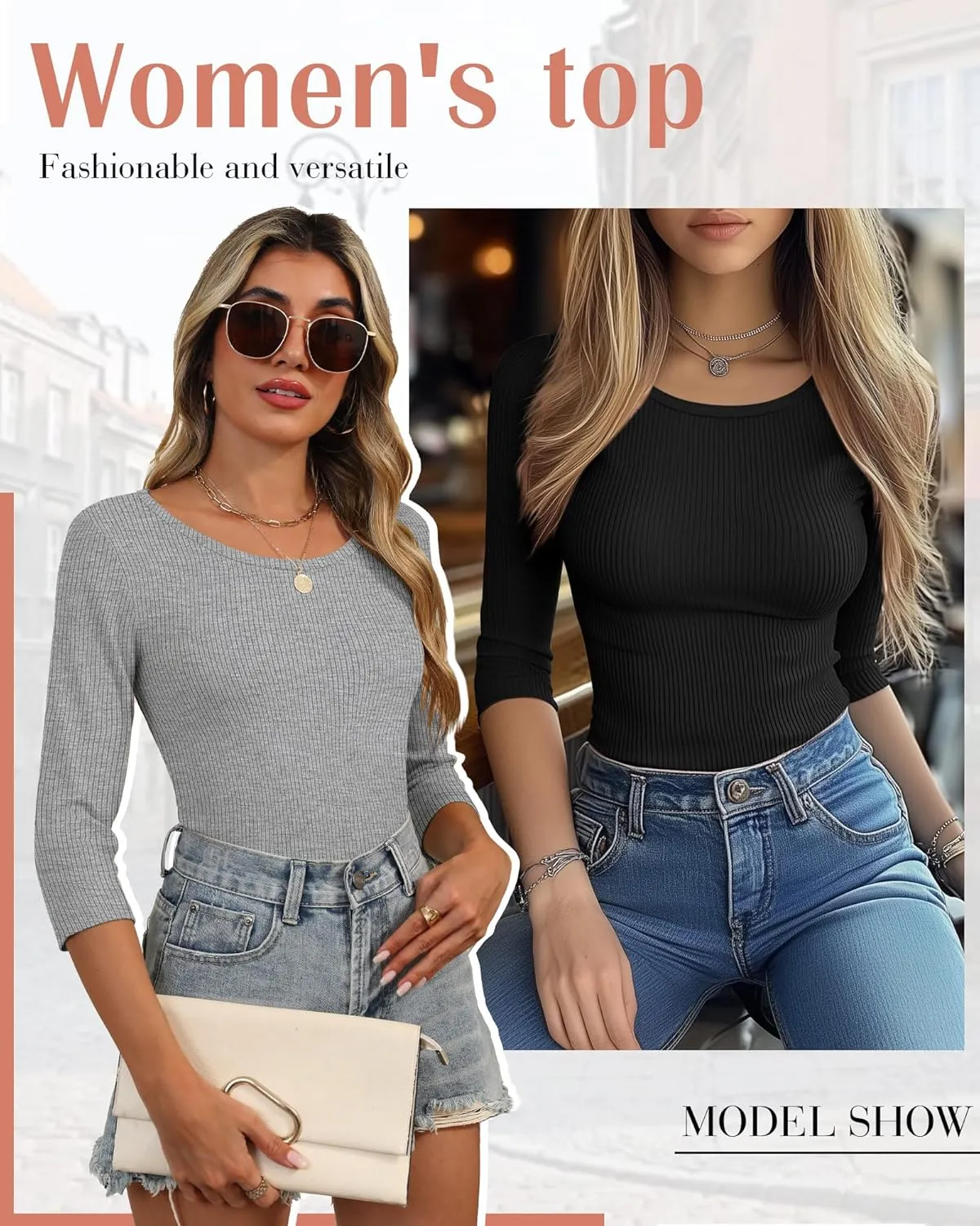 Huukeay 3 Pack Women's Ribbed 3/4 Sleeve Shirts, Scoop Neck Slim Fit Tops Summer Stretchy Casual Base Layer Basic Tee Blouses