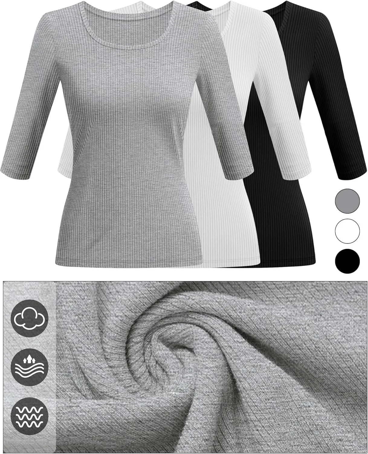 Huukeay 3 Pack Women's Ribbed 3/4 Sleeve Shirts, Scoop Neck Slim Fit Tops Summer Stretchy Casual Base Layer Basic Tee Blouses