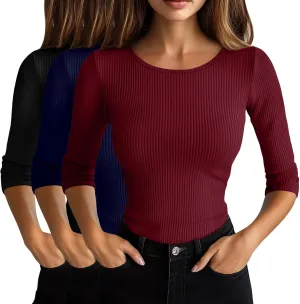 Huukeay 3 Pack Women's Ribbed 3/4 Sleeve Shirts, Scoop Neck Slim Fit Tops Summer Stretchy Casual Base Layer Basic Tee Blouses