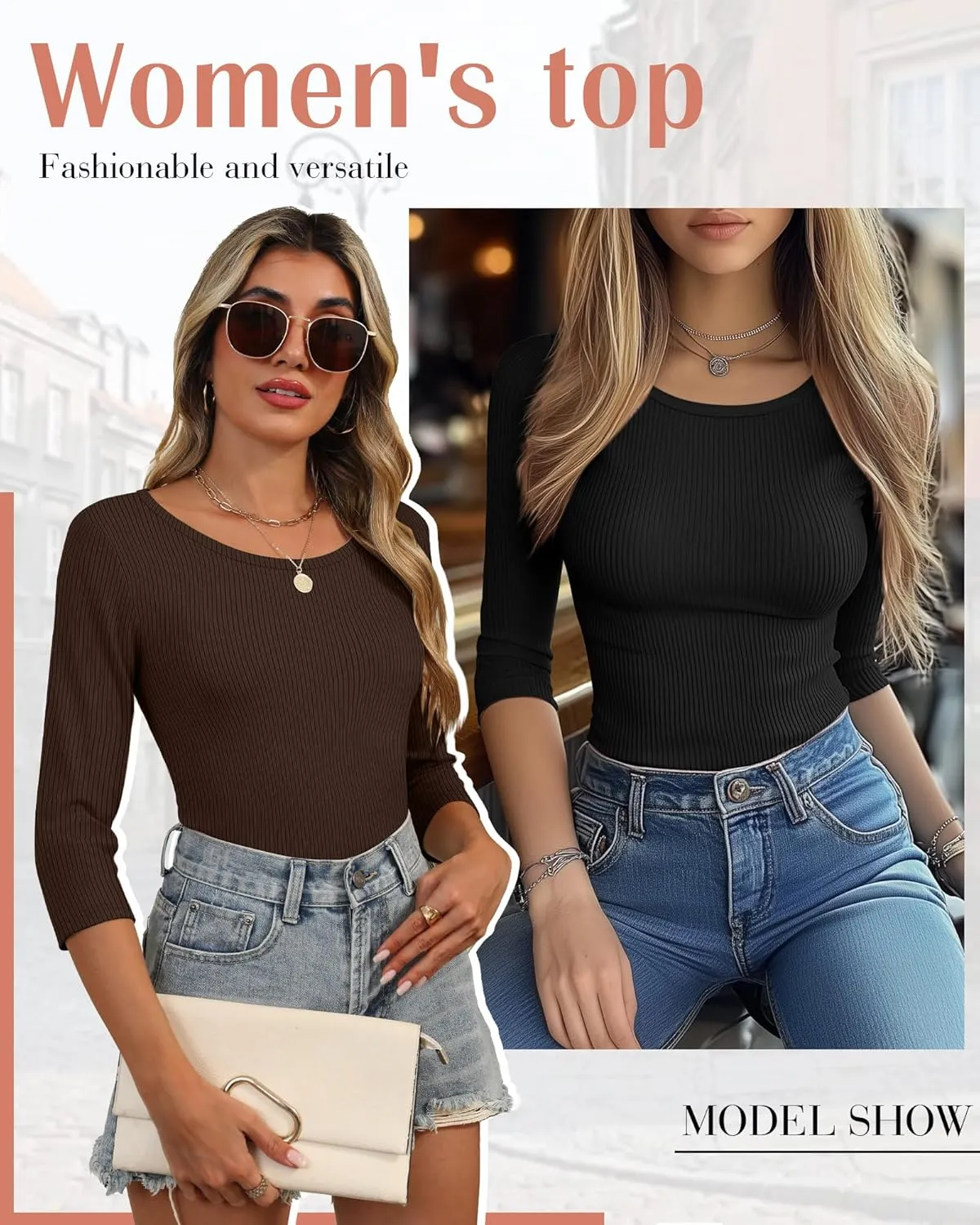 Huukeay 3 Pack Women's Ribbed 3/4 Sleeve Shirts, Scoop Neck Slim Fit Tops Summer Stretchy Casual Base Layer Basic Tee Blouses