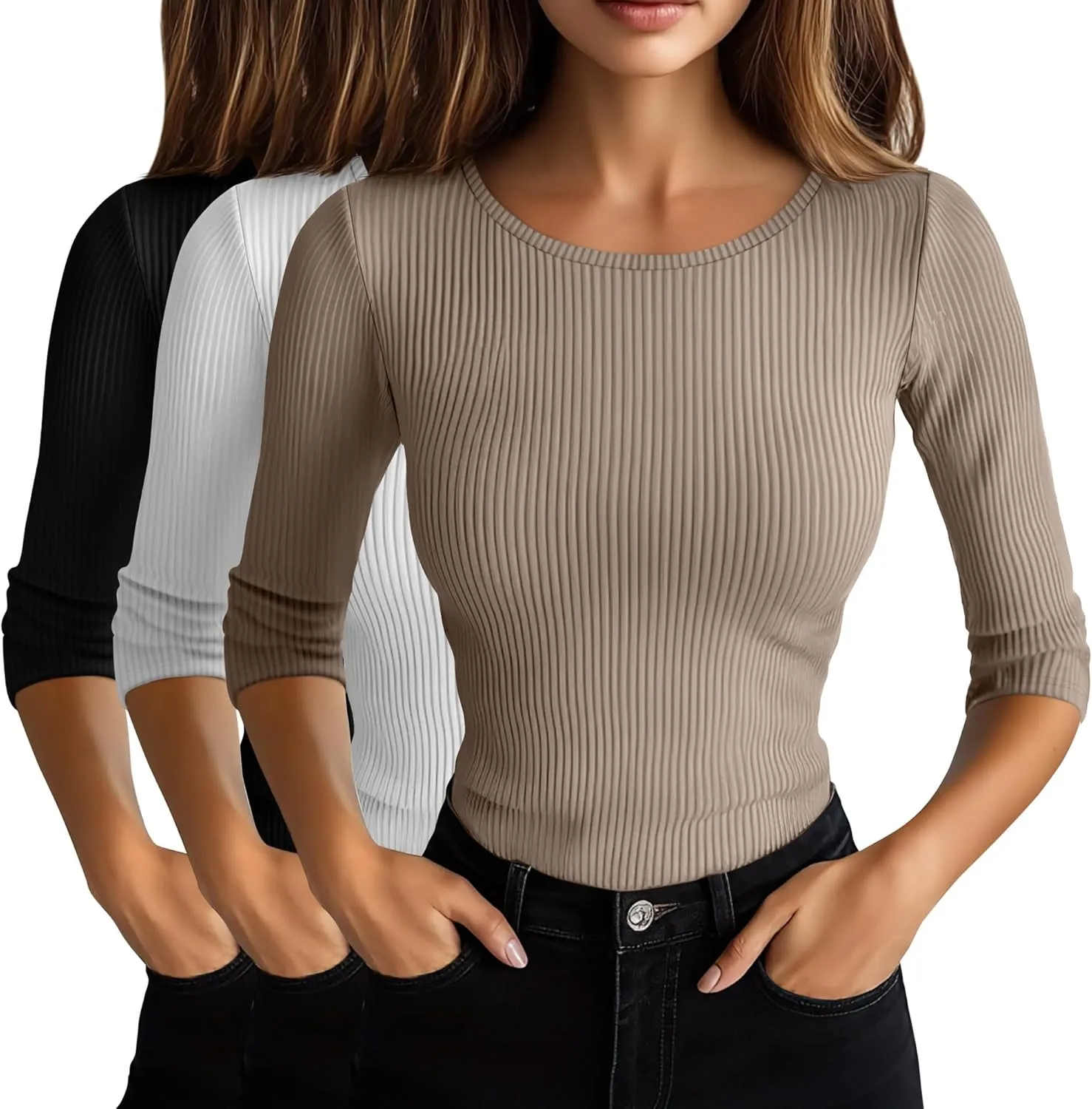 Huukeay 3 Pack Women's Ribbed 3/4 Sleeve Shirts, Scoop Neck Slim Fit Tops Summer Stretchy Casual Base Layer Basic Tee Blouses