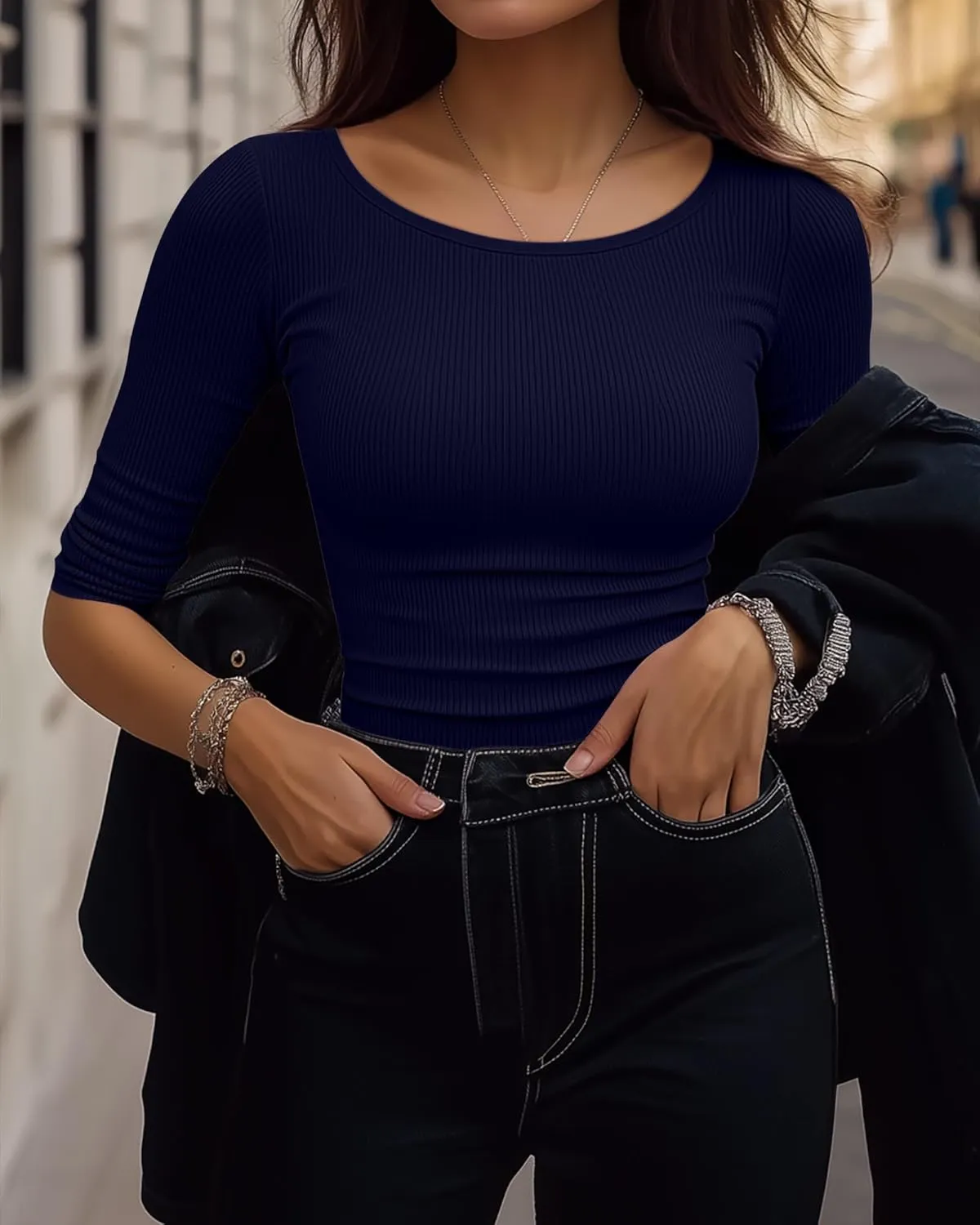 Huukeay 3 Pack Women's Ribbed 3/4 Sleeve Shirts, Scoop Neck Slim Fit Tops Summer Stretchy Casual Base Layer Basic Tee Blouses