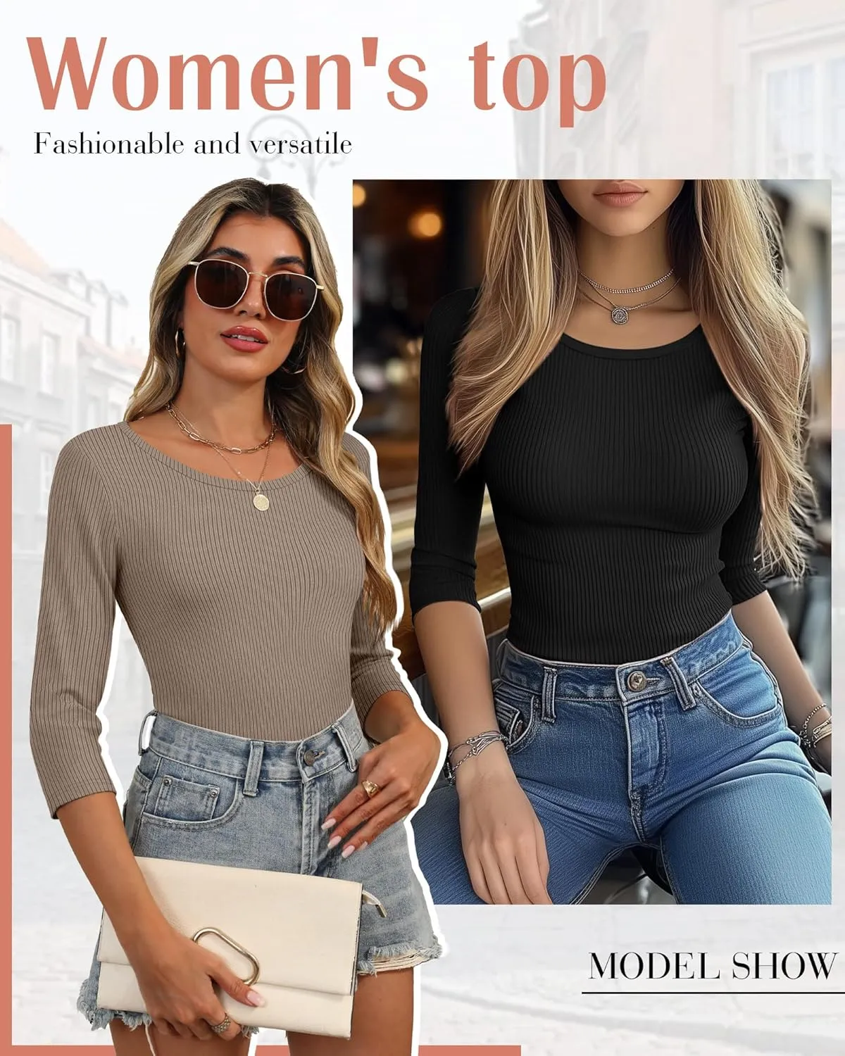 Huukeay 3 Pack Women's Ribbed 3/4 Sleeve Shirts, Scoop Neck Slim Fit Tops Summer Stretchy Casual Base Layer Basic Tee Blouses