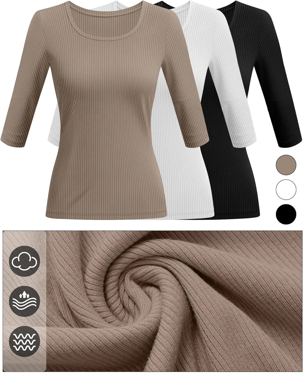 Huukeay 3 Pack Women's Ribbed 3/4 Sleeve Shirts, Scoop Neck Slim Fit Tops Summer Stretchy Casual Base Layer Basic Tee Blouses