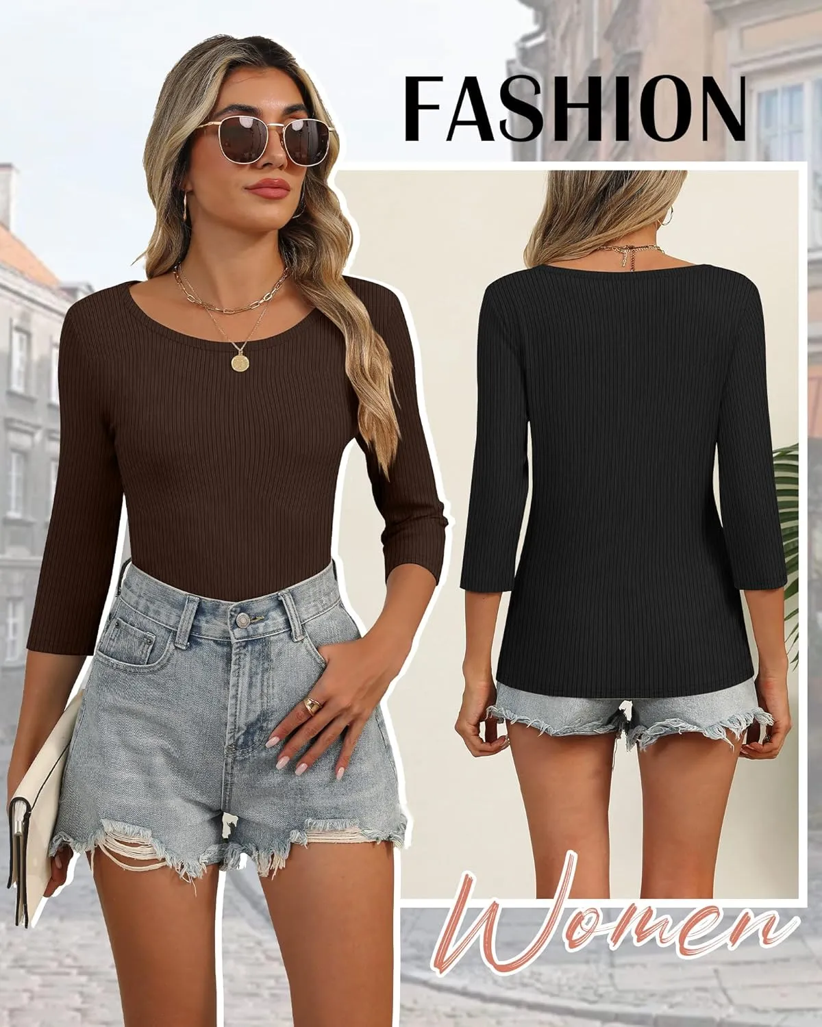 Huukeay 3 Pack Women's Ribbed 3/4 Sleeve Shirts, Scoop Neck Slim Fit Tops Summer Stretchy Casual Base Layer Basic Tee Blouses