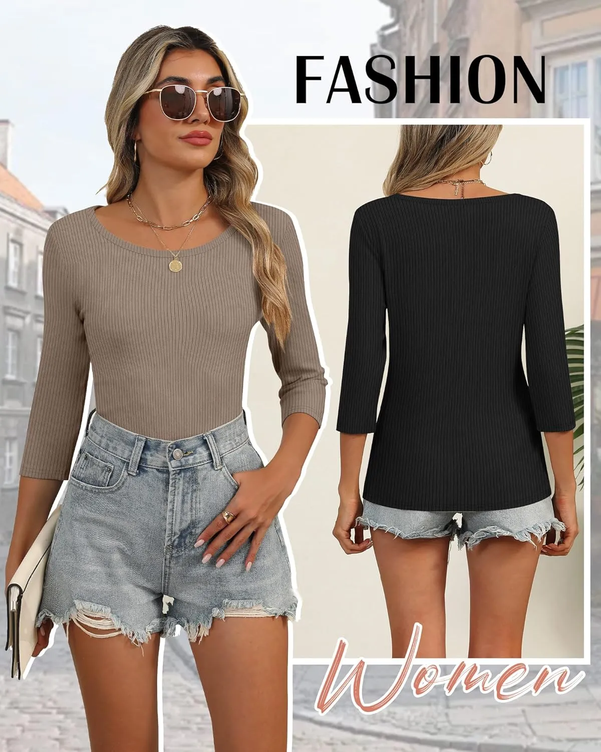 Huukeay 3 Pack Women's Ribbed 3/4 Sleeve Shirts, Scoop Neck Slim Fit Tops Summer Stretchy Casual Base Layer Basic Tee Blouses