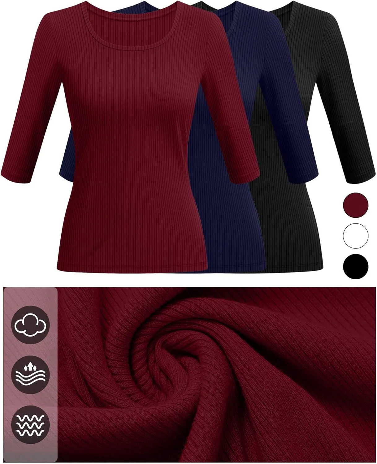 Huukeay 3 Pack Women's Ribbed 3/4 Sleeve Shirts, Scoop Neck Slim Fit Tops Summer Stretchy Casual Base Layer Basic Tee Blouses