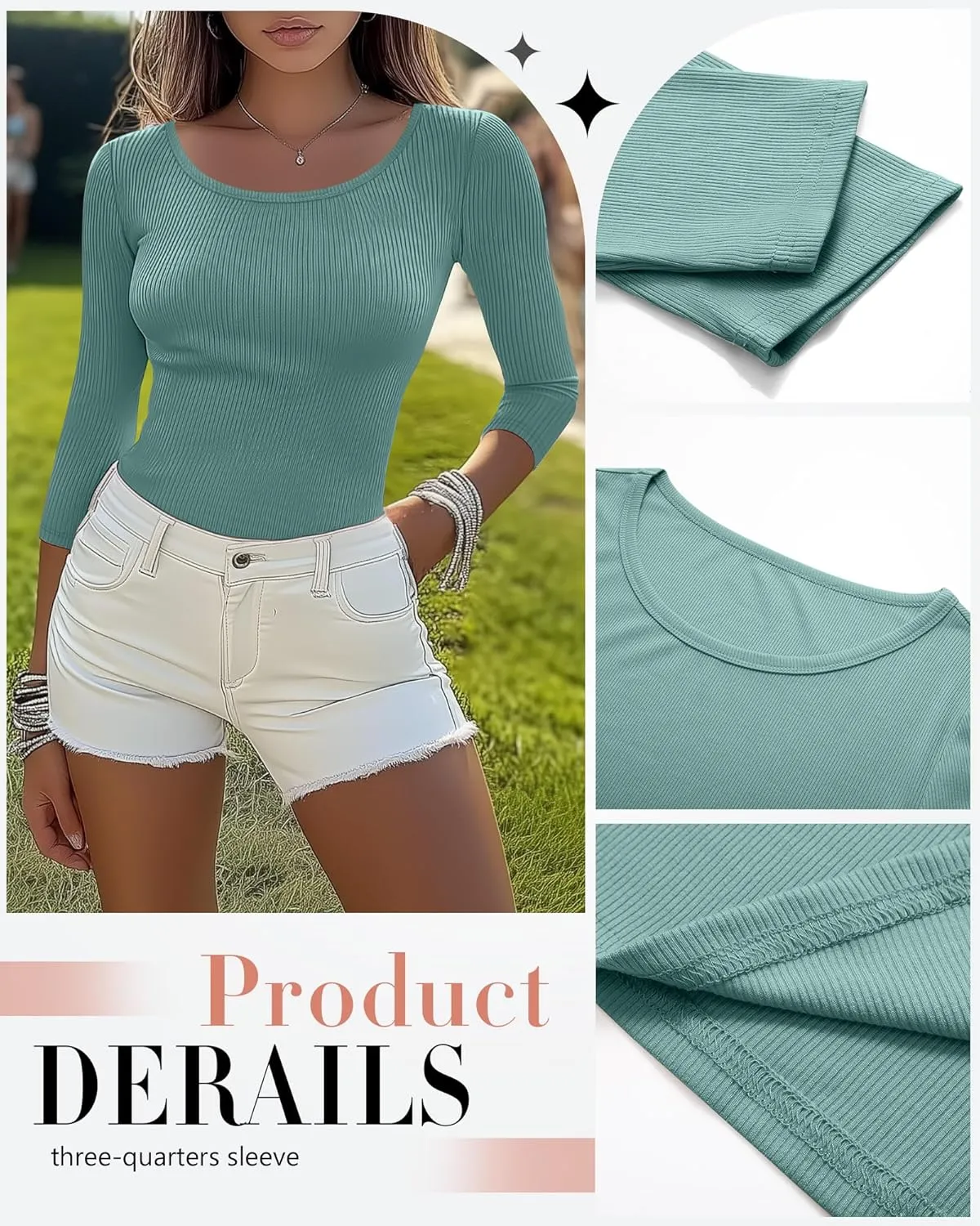 Huukeay 3 Pack Women's Ribbed 3/4 Sleeve Shirts, Scoop Neck Slim Fit Tops Summer Stretchy Casual Base Layer Basic Tee Blouses