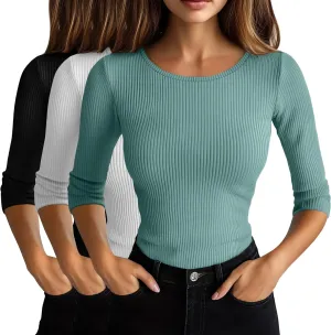 Huukeay 3 Pack Women's Ribbed 3/4 Sleeve Shirts, Scoop Neck Slim Fit Tops Summer Stretchy Casual Base Layer Basic Tee Blouses