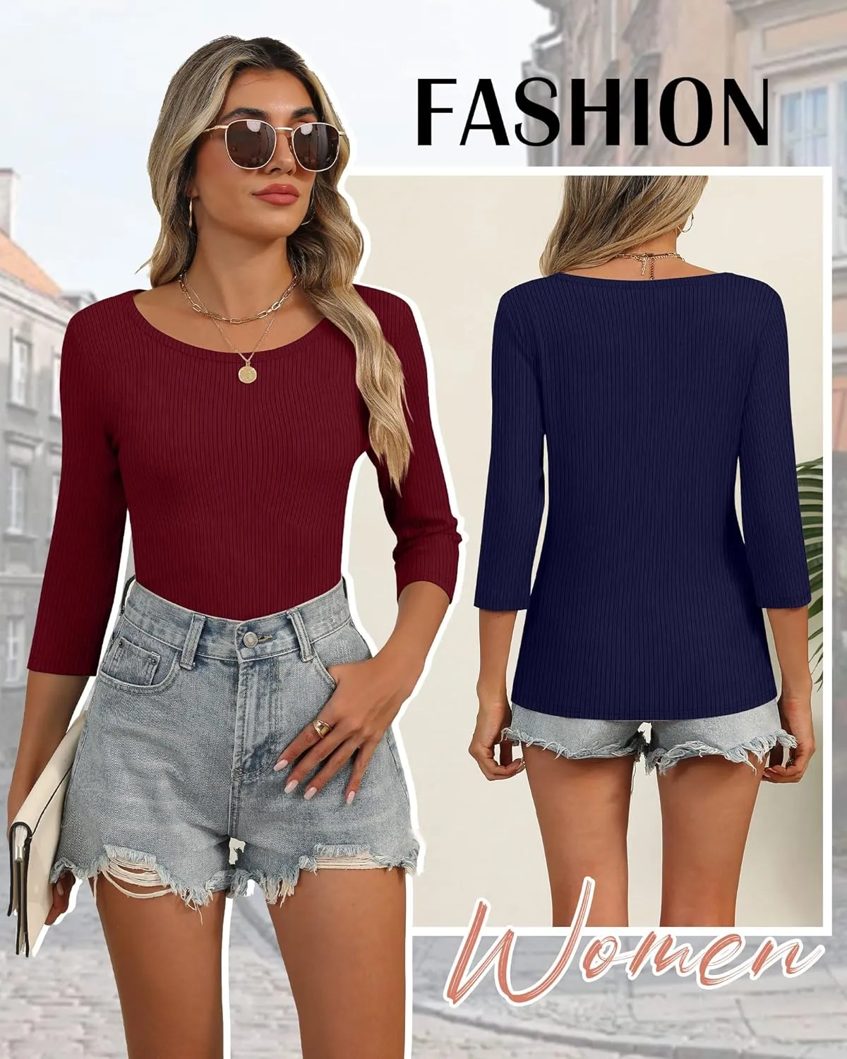 Huukeay 3 Pack Women's Ribbed 3/4 Sleeve Shirts, Scoop Neck Slim Fit Tops Summer Stretchy Casual Base Layer Basic Tee Blouses