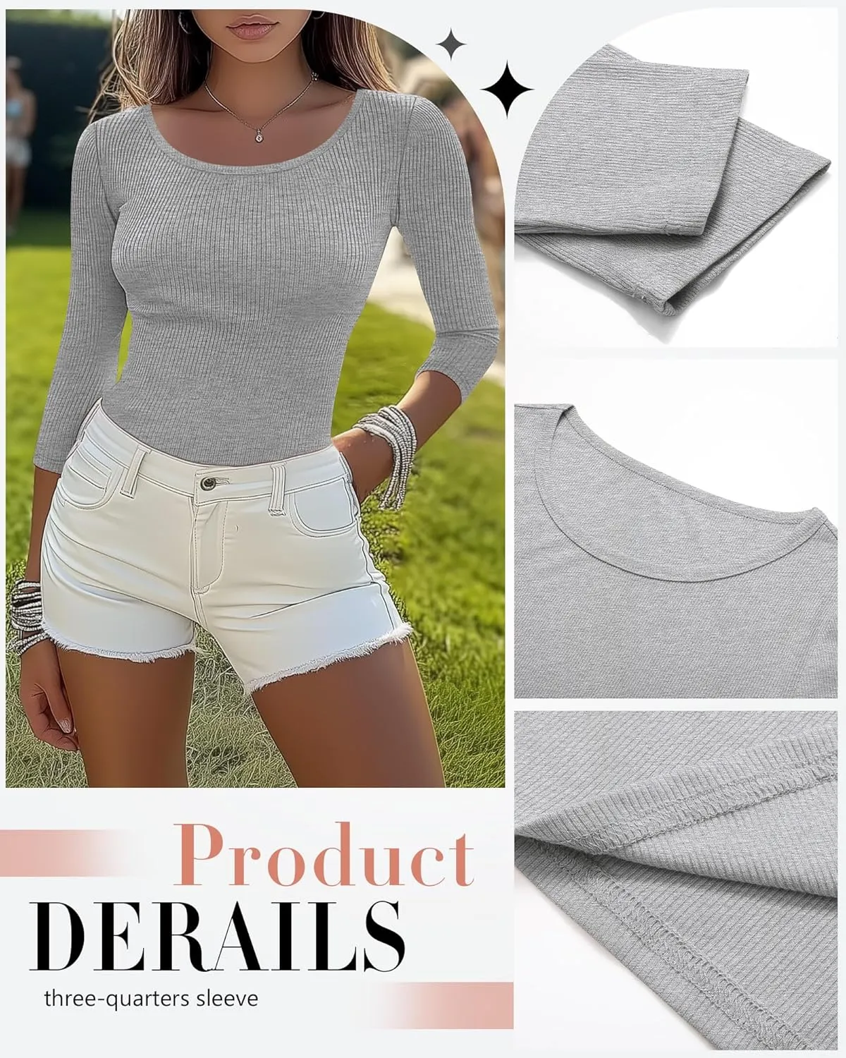 Huukeay 3 Pack Women's Ribbed 3/4 Sleeve Shirts, Scoop Neck Slim Fit Tops Summer Stretchy Casual Base Layer Basic Tee Blouses
