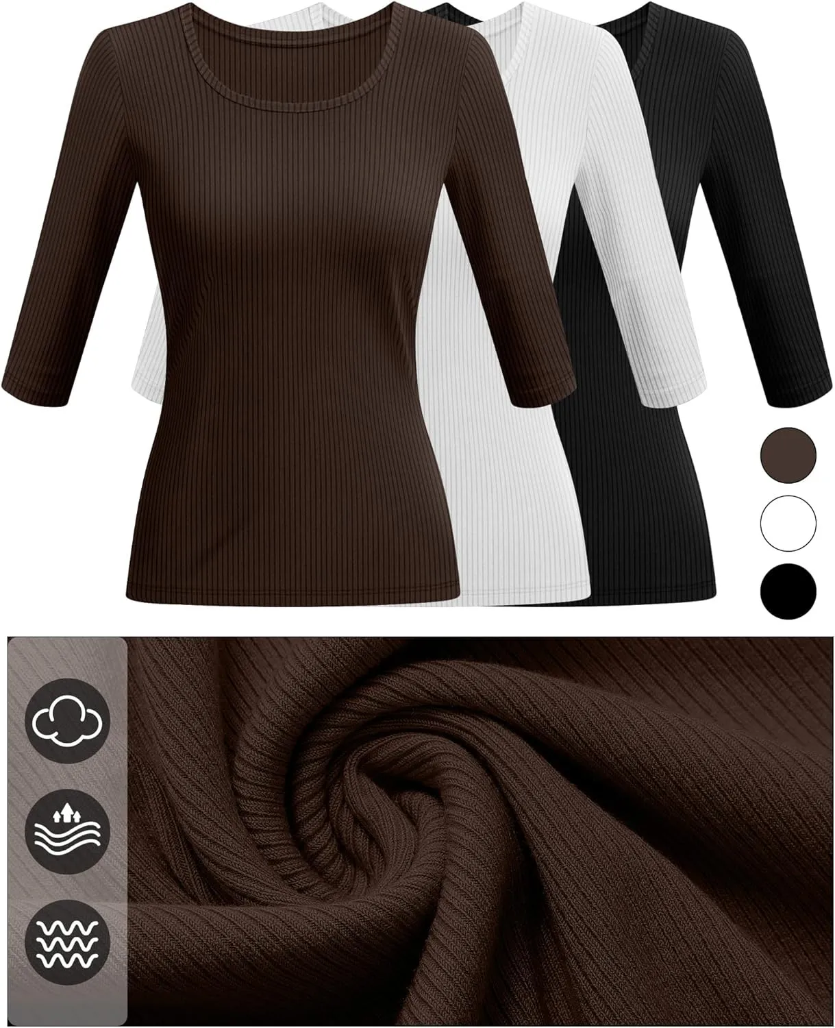 Huukeay 3 Pack Women's Ribbed 3/4 Sleeve Shirts, Scoop Neck Slim Fit Tops Summer Stretchy Casual Base Layer Basic Tee Blouses