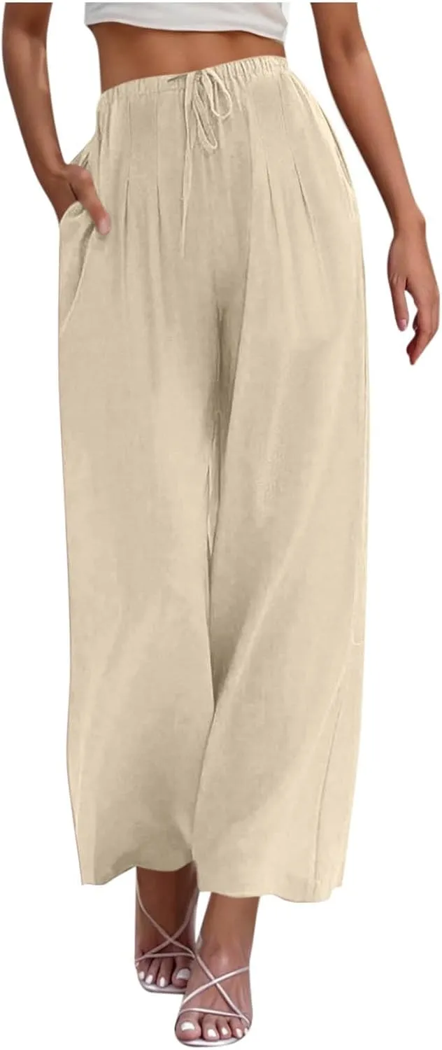 Hvyesh Flowy Linen Pants Women Wide Leg High Waisted Palazzo for Summer Beach Vacation Clothes Women's Casual Trousers