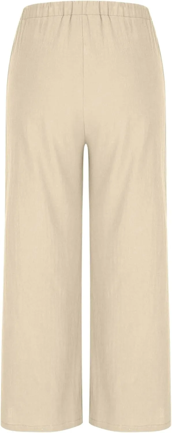 Hvyesh Flowy Linen Pants Women Wide Leg High Waisted Palazzo for Summer Beach Vacation Clothes Women's Casual Trousers