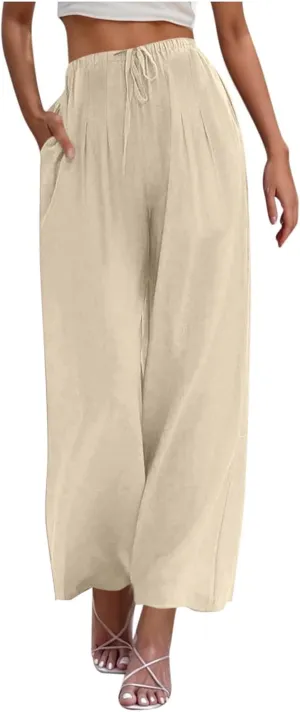 Hvyesh Flowy Linen Pants Women Wide Leg High Waisted Palazzo for Summer Beach Vacation Clothes Women's Casual Trousers