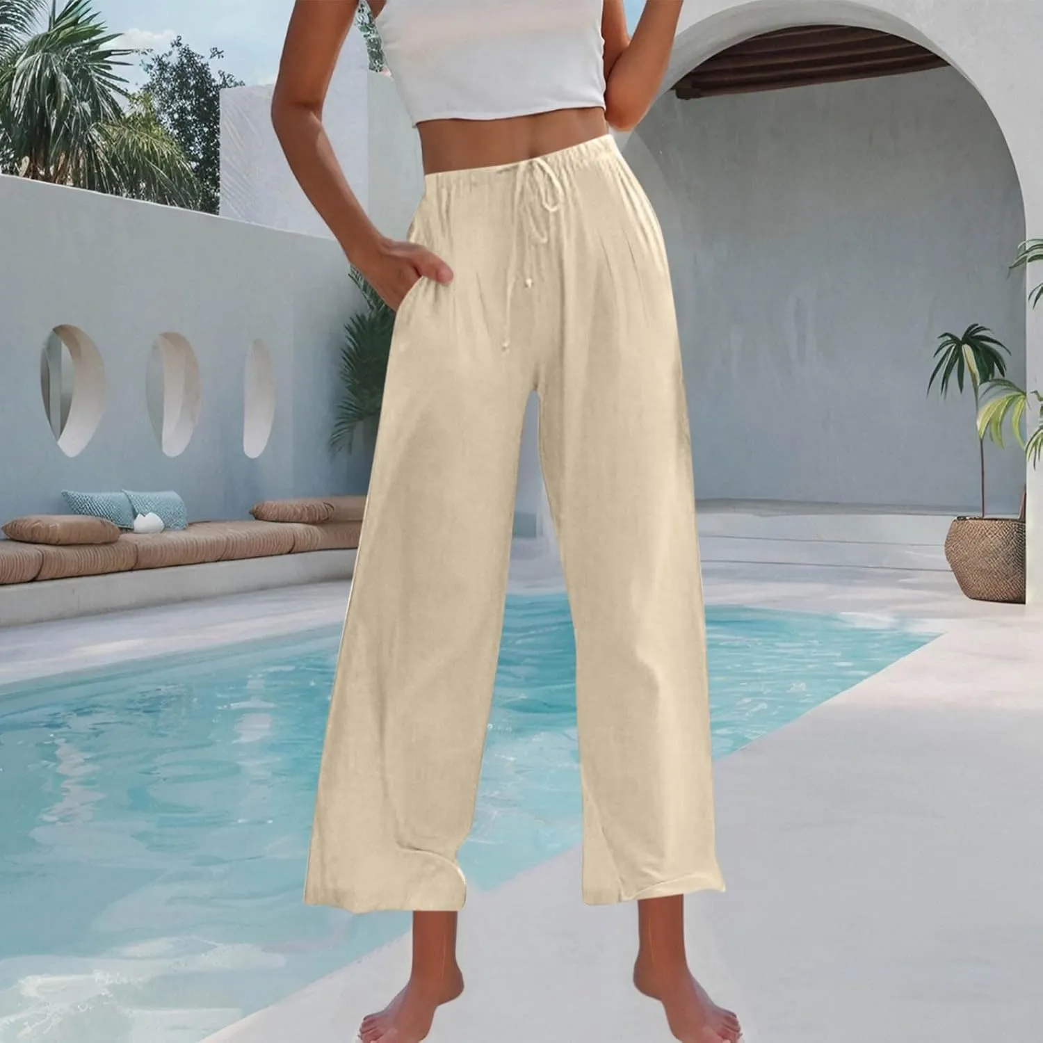 Hvyesh Flowy Linen Pants Women Wide Leg High Waisted Palazzo for Summer Beach Vacation Clothes Women's Casual Trousers