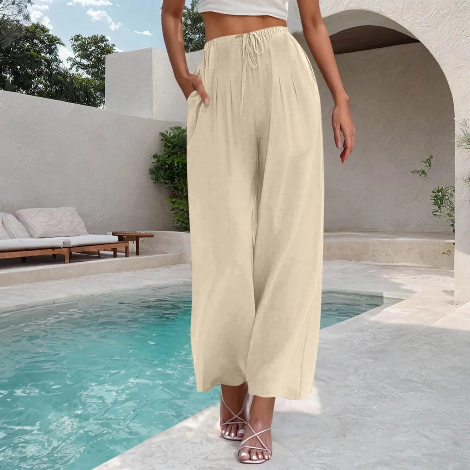 Hvyesh Flowy Linen Pants Women Wide Leg High Waisted Palazzo for Summer Beach Vacation Clothes Women's Casual Trousers