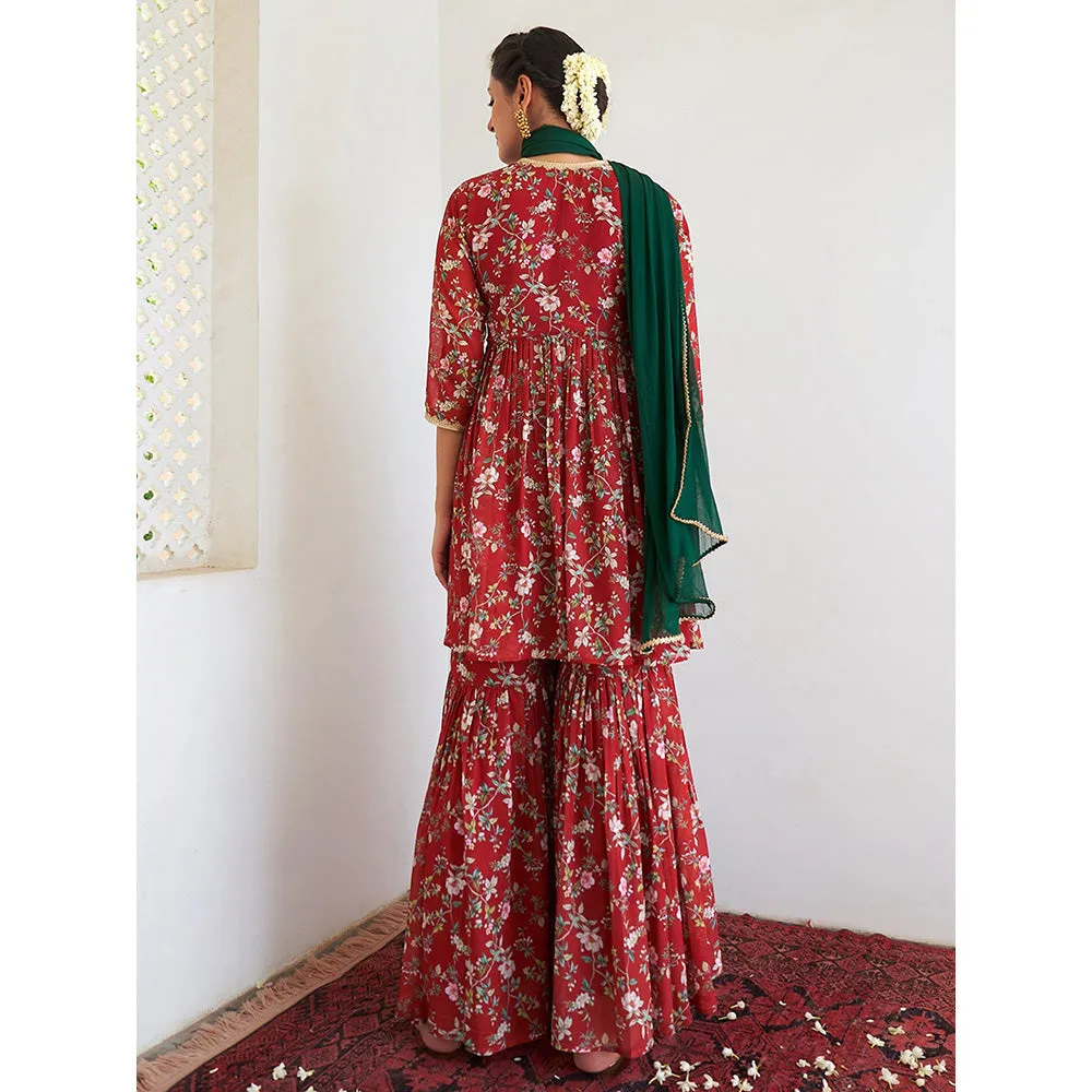 Janasya Women's Maroon Georgette Floral Angarkha Kurti with Sharara and Dupatta (Set of 3)