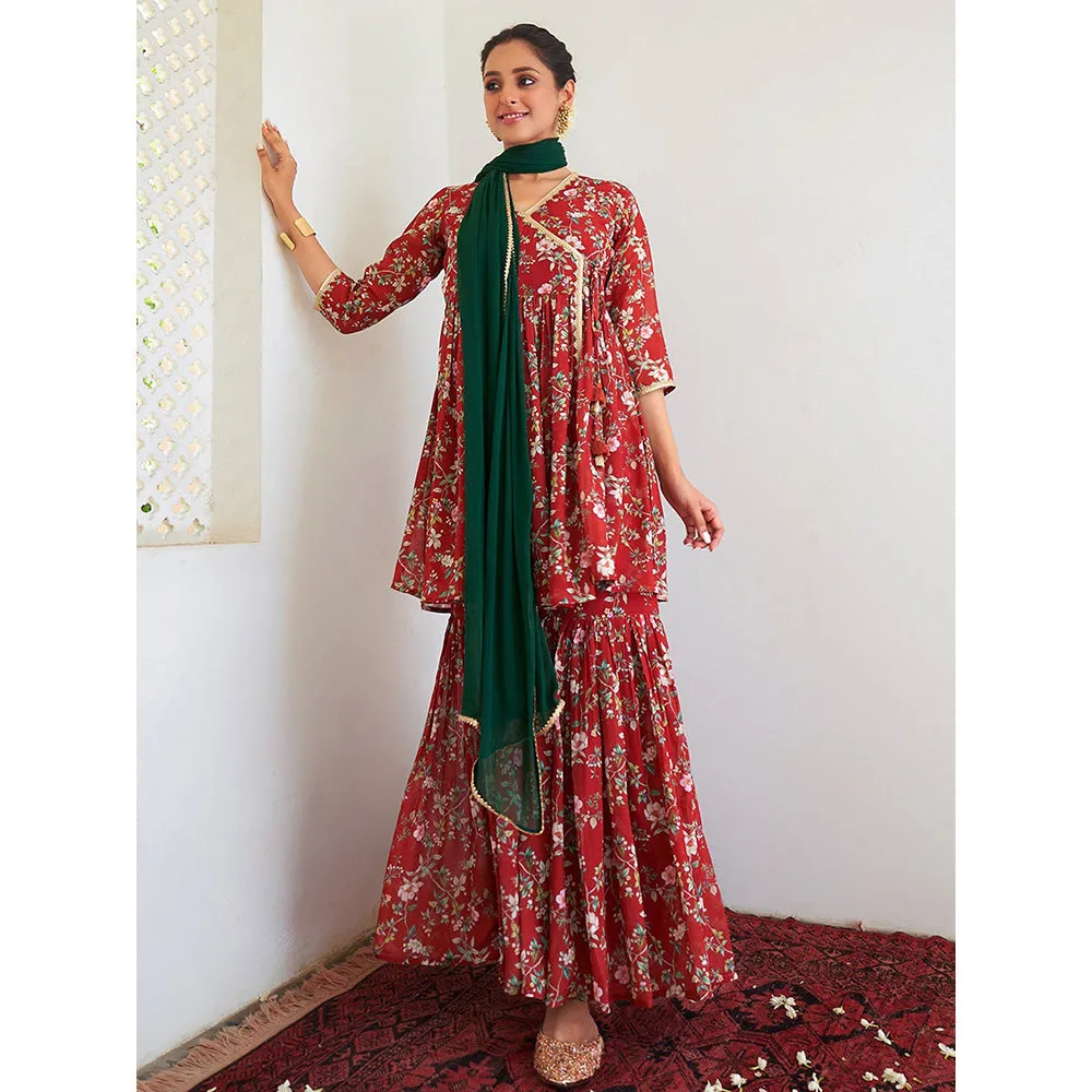 Janasya Women's Maroon Georgette Floral Angarkha Kurti with Sharara and Dupatta (Set of 3)