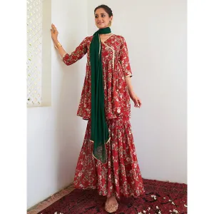 Janasya Women's Maroon Georgette Floral Angarkha Kurti with Sharara and Dupatta (Set of 3)
