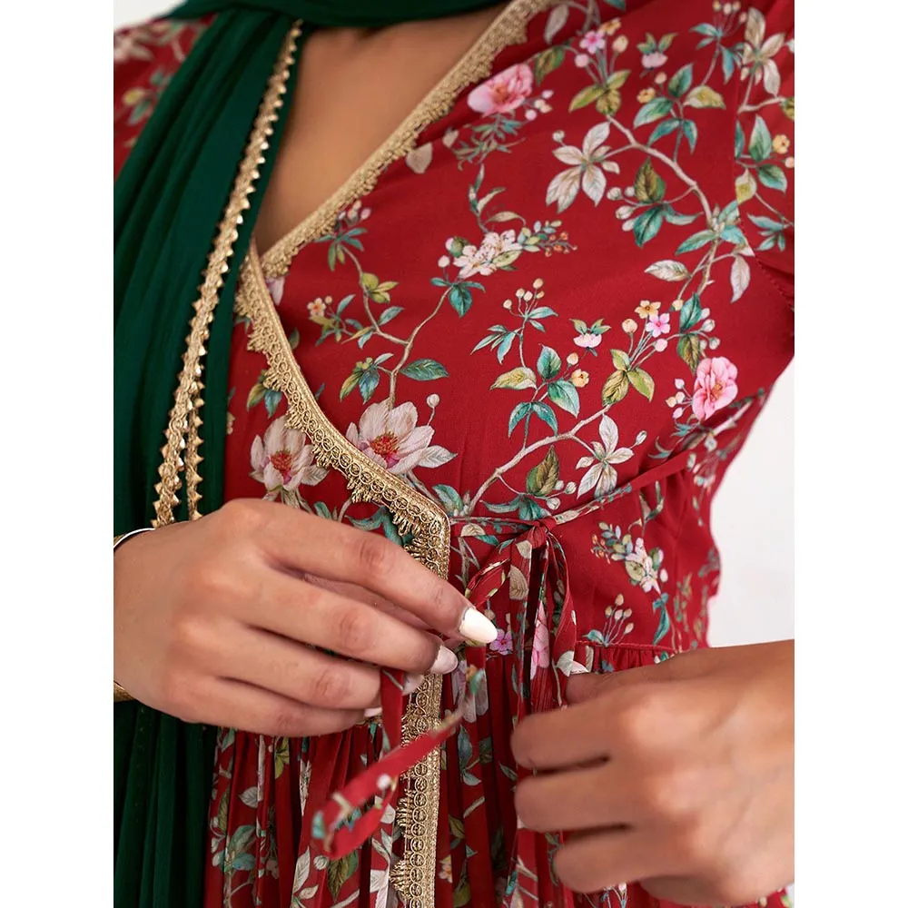 Janasya Women's Maroon Georgette Floral Angarkha Kurti with Sharara and Dupatta (Set of 3)