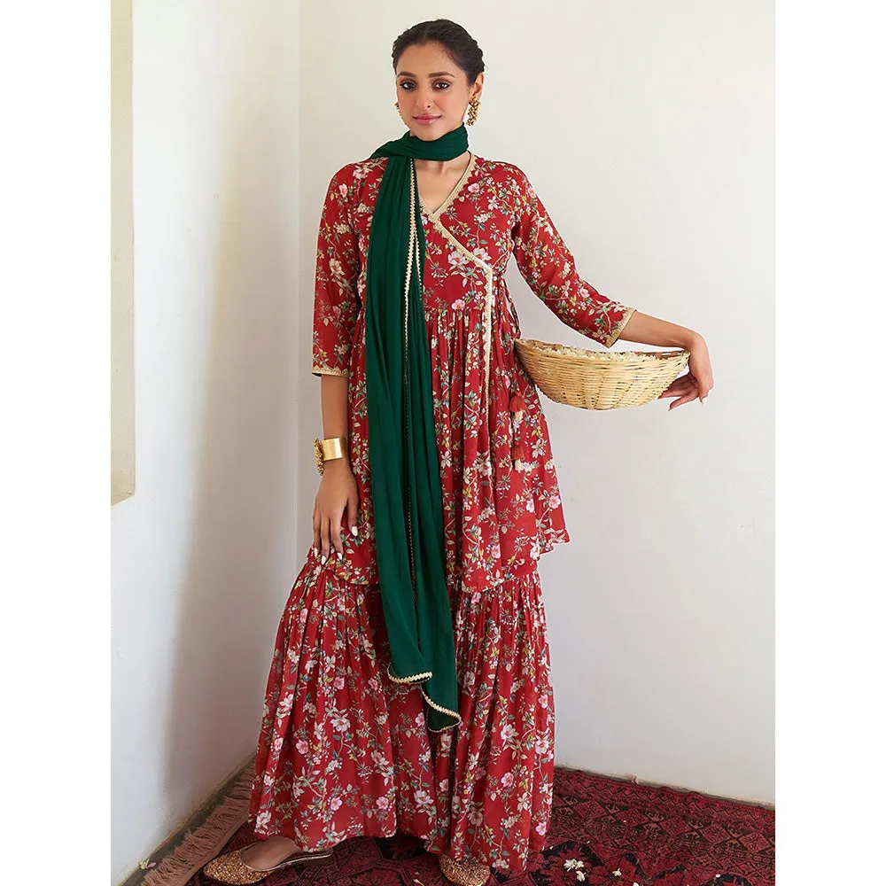 Janasya Women's Maroon Georgette Floral Angarkha Kurti with Sharara and Dupatta (Set of 3)