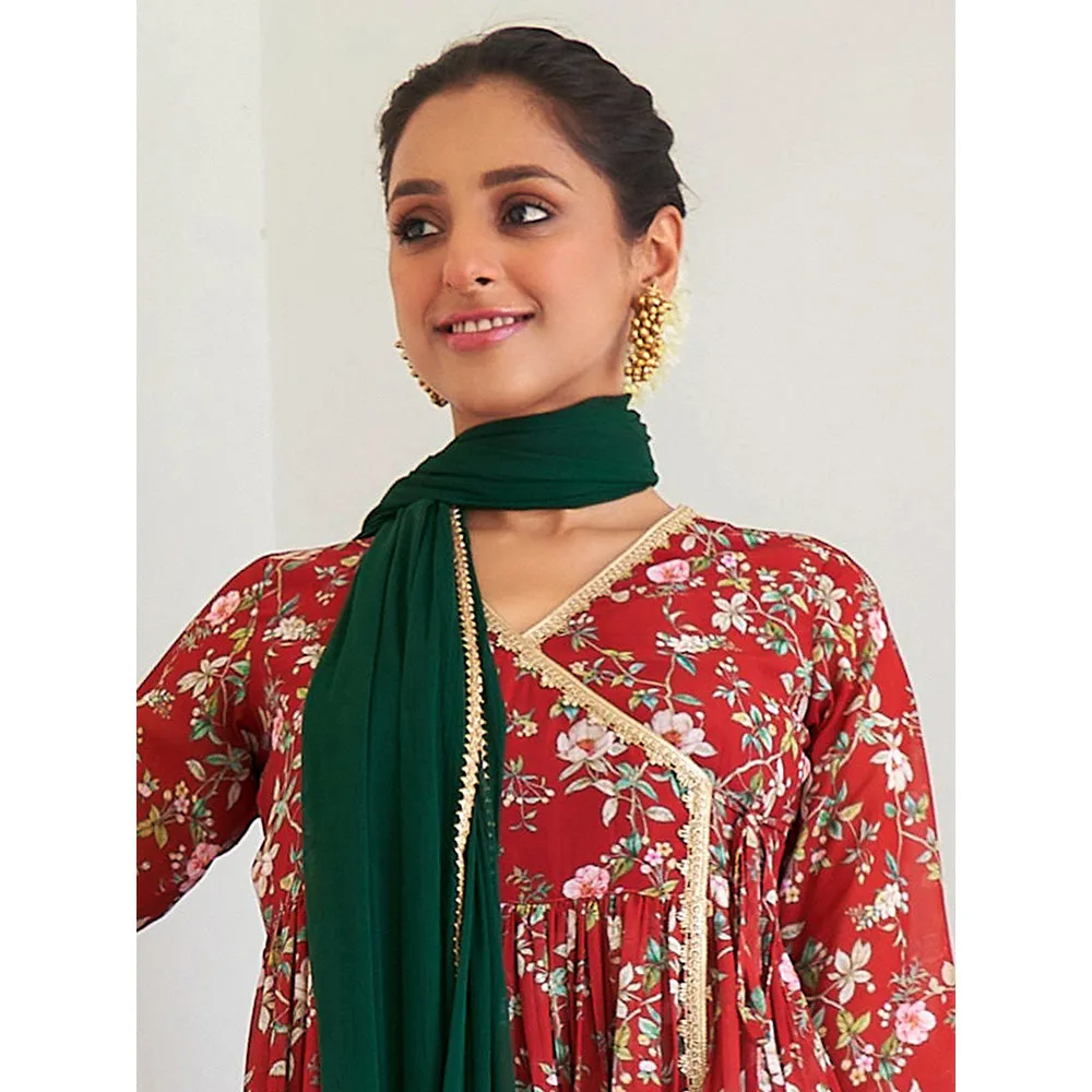Janasya Women's Maroon Georgette Floral Angarkha Kurti with Sharara and Dupatta (Set of 3)