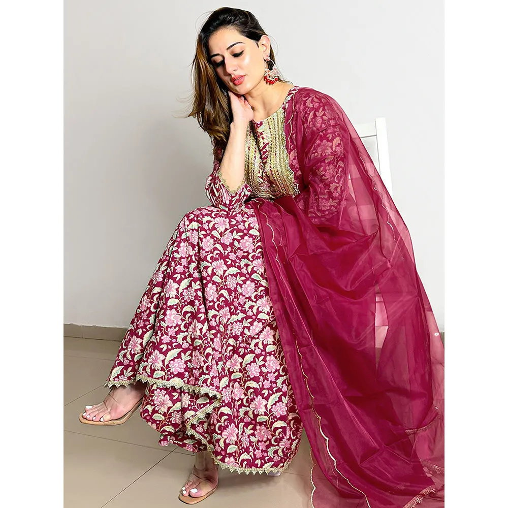 Janasya Women's Pink Cotton Foil Floral Printed Kurta with Palazzo and Dupatta (Set of 3)