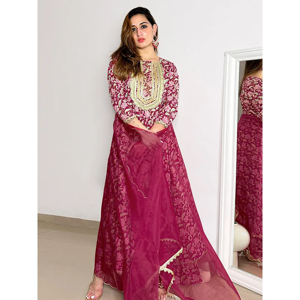 Janasya Women's Pink Cotton Foil Floral Printed Kurta with Palazzo and Dupatta (Set of 3)