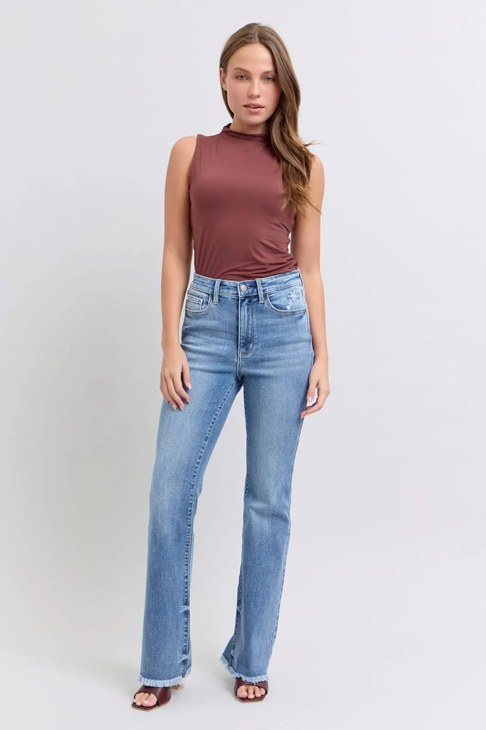 Judy Blue High Waist Bootcut Jeans with Fray Hem  Stylish and Comfortable Cotton-Blend Denim for Women - 82486